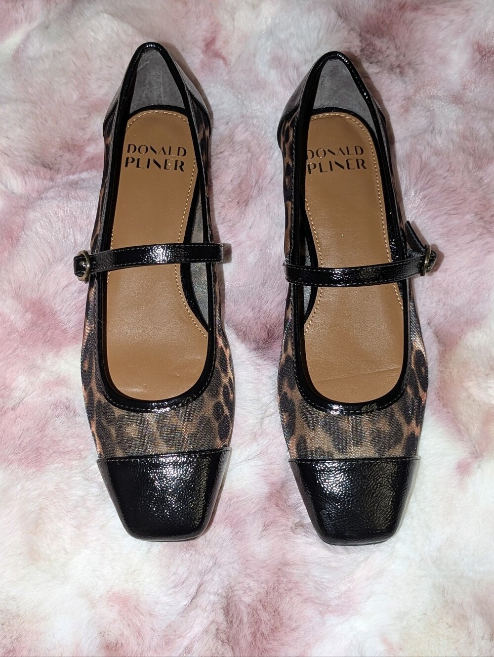 🐆 Donald Pliner Leopard Mesh Mary Jane Flats Black Patent Cap Toe 5.5M NWOT 🐆